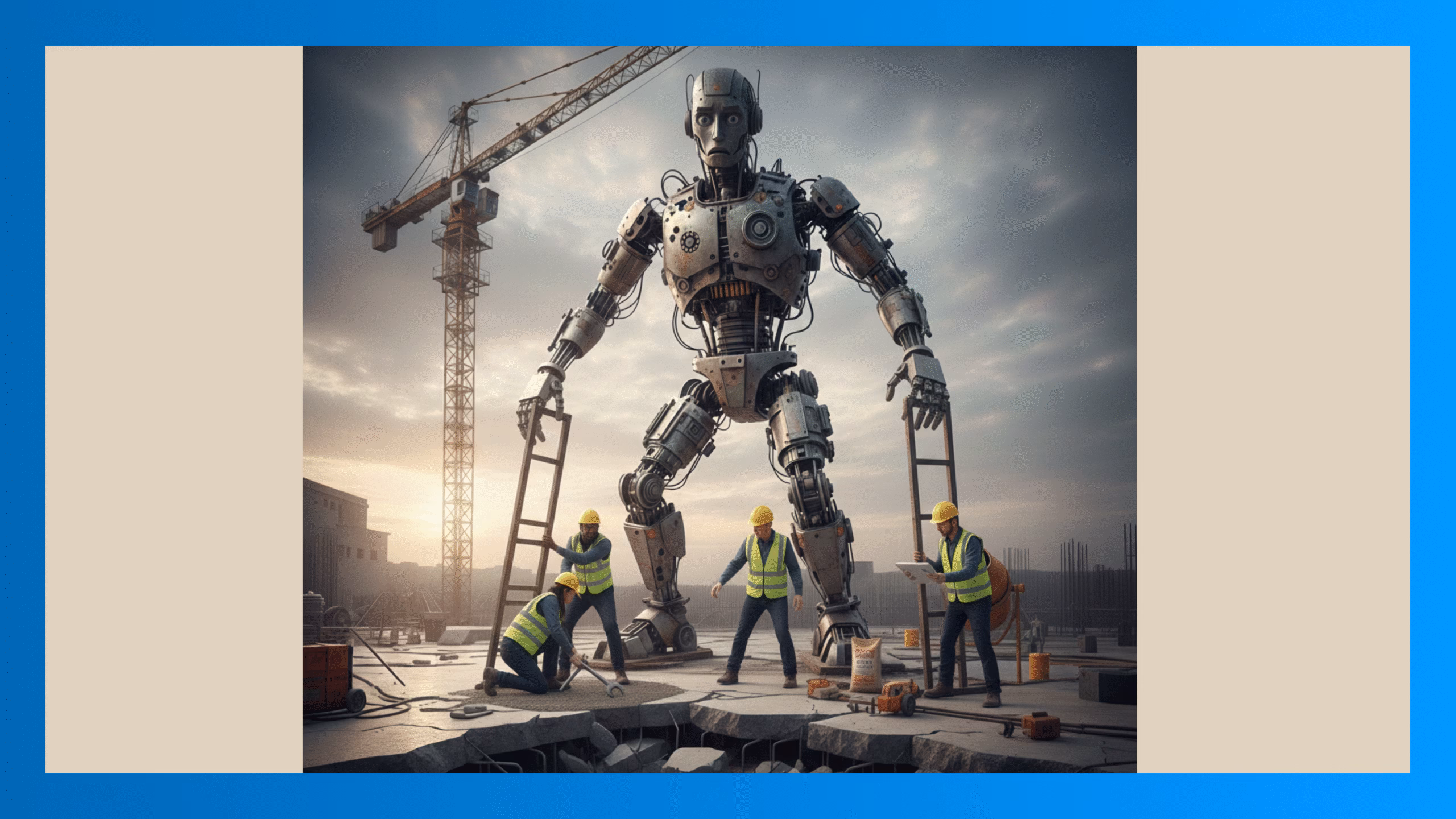 Construction workers repairing a cracked concrete foundation beneath a towering humanoid robot at a construction site.