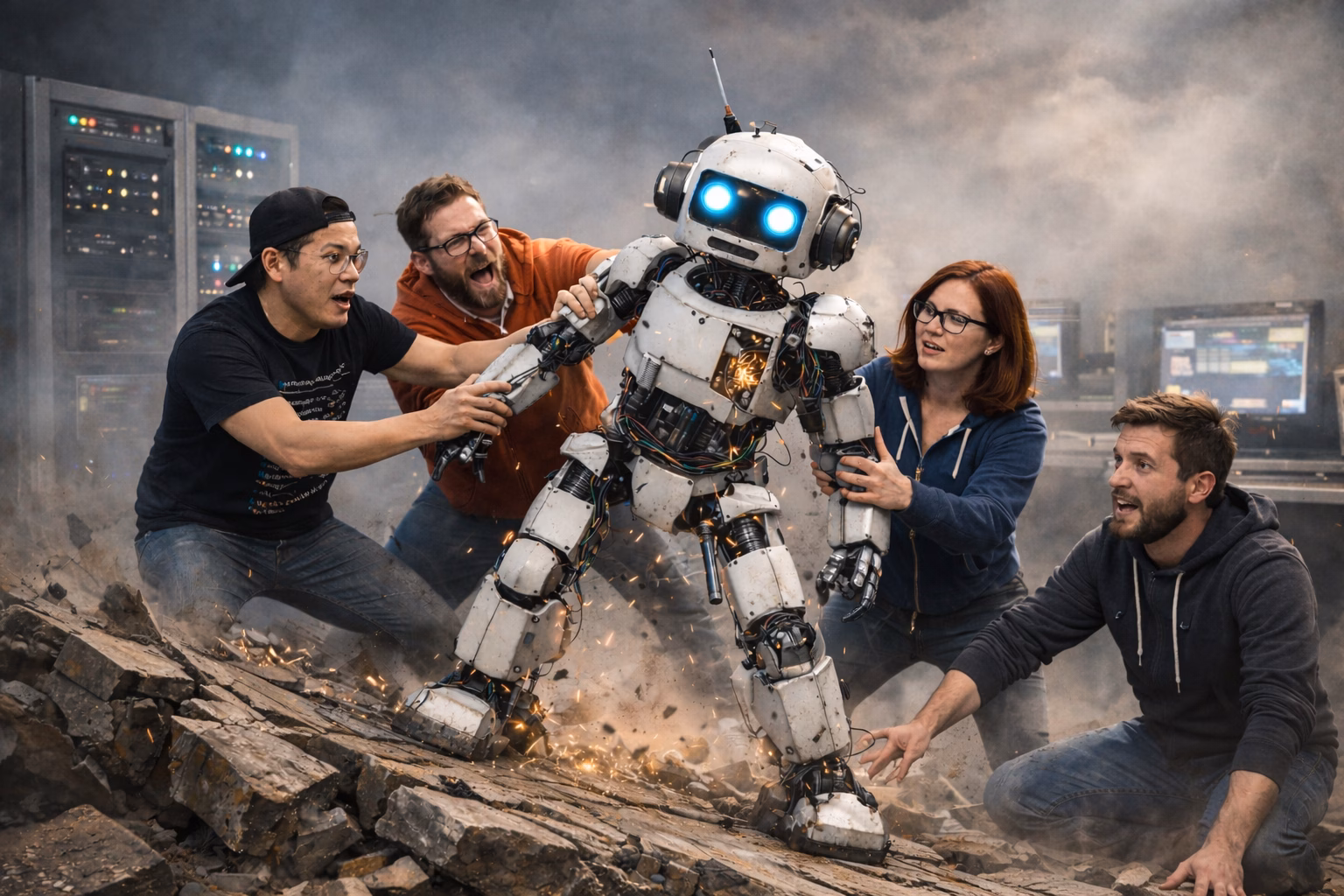 Tech team stabilises wobbly robot amid server room chaos.
