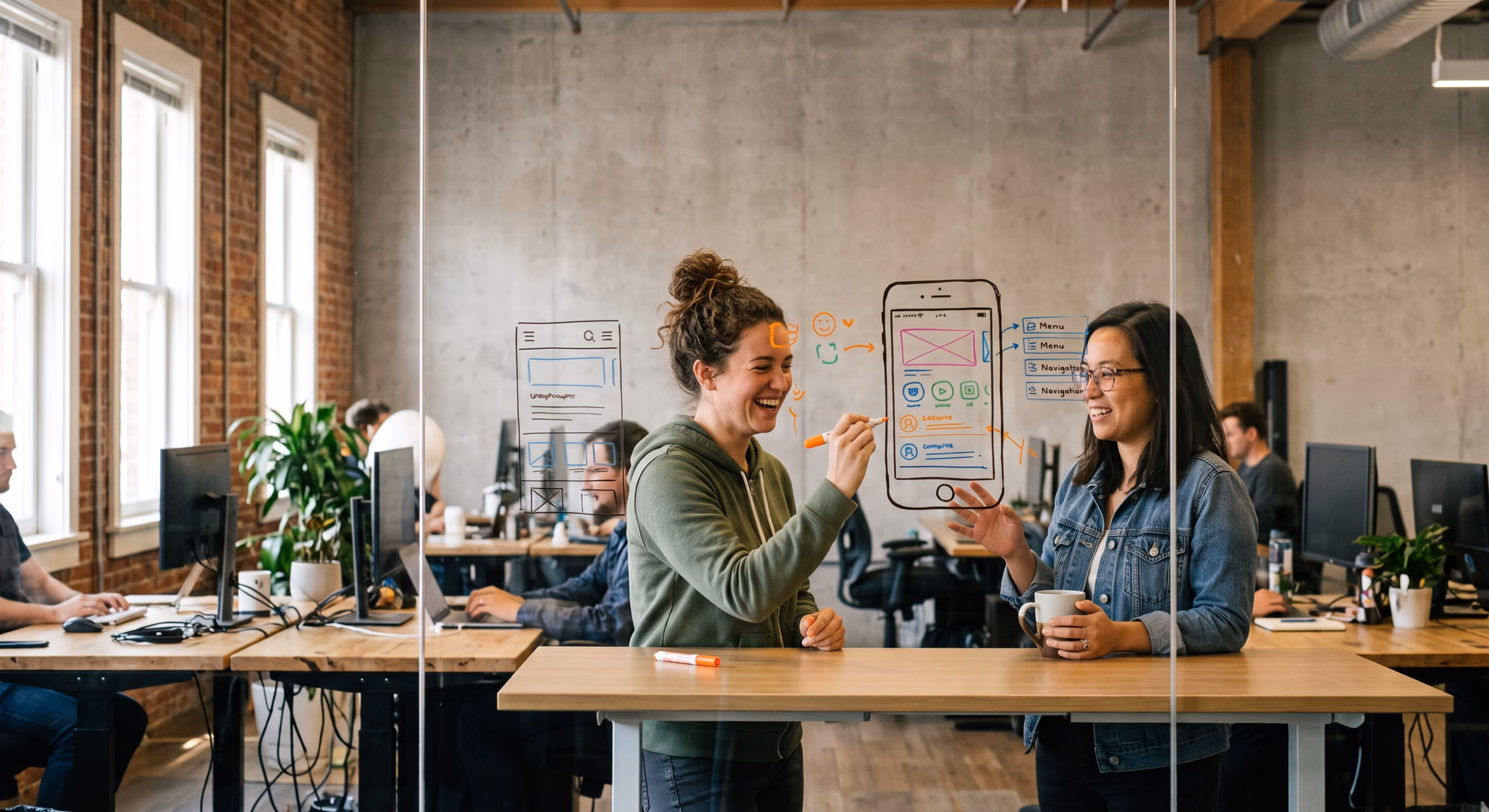 Two software developers laughing in a modern office, sketching colorful app interface designs on a glass whiteboard while collaborating on a project.