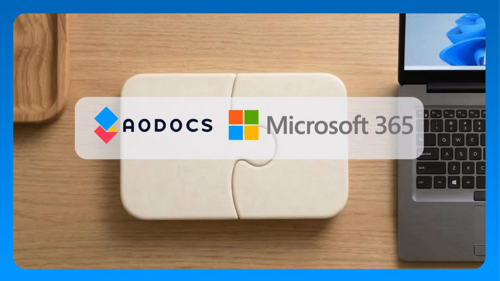 AODocs and Microsoft 365 logos on a connected puzzle piece, symbolising the native SharePoint Embedded integration partnership