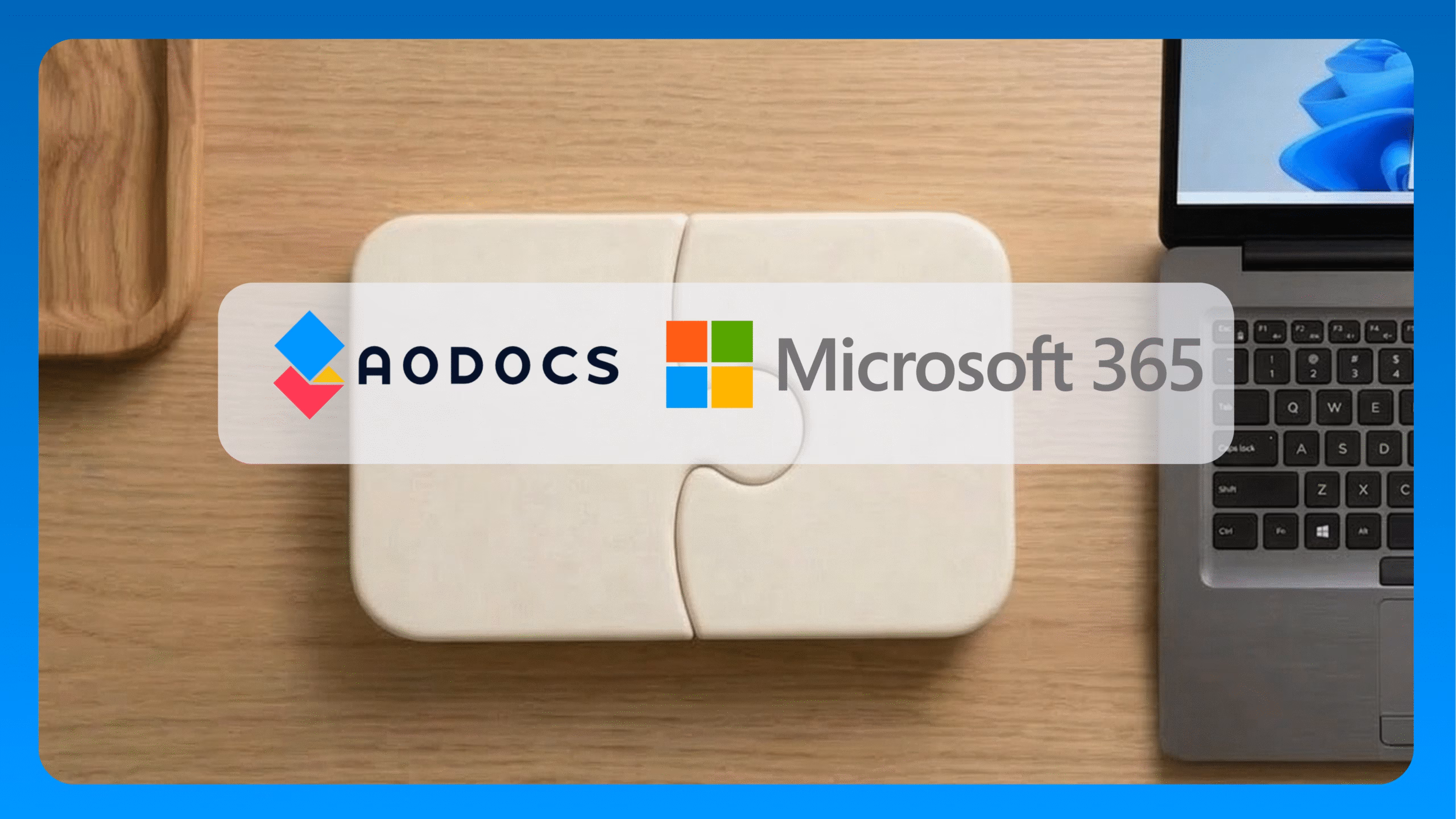 AODocs and Microsoft 365 logos on a connected puzzle piece, symbolising the native SharePoint Embedded integration partnership