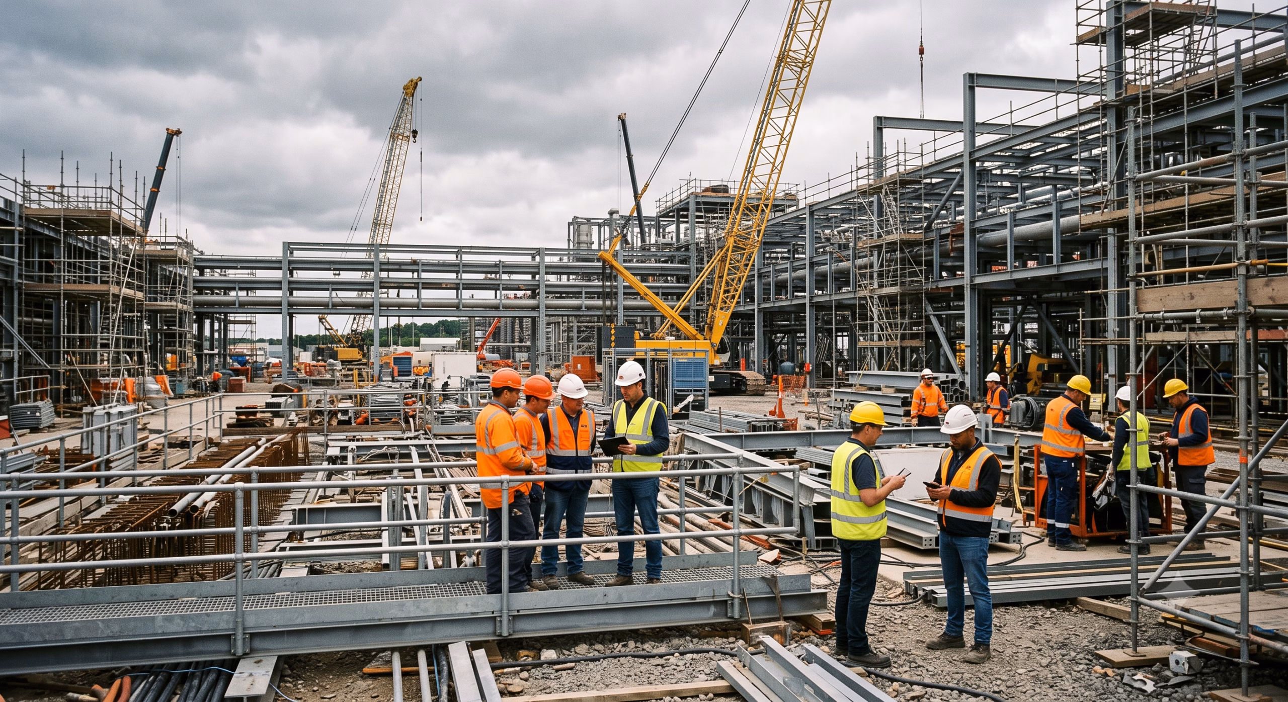Large industrial construction site with multiple contractor teams, illustrating the stakeholders whose information ISO 19650 governs