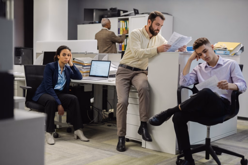 Four office workers looking tired and disengaged at their desks, surrounded by laptops, stacks of files and binders.