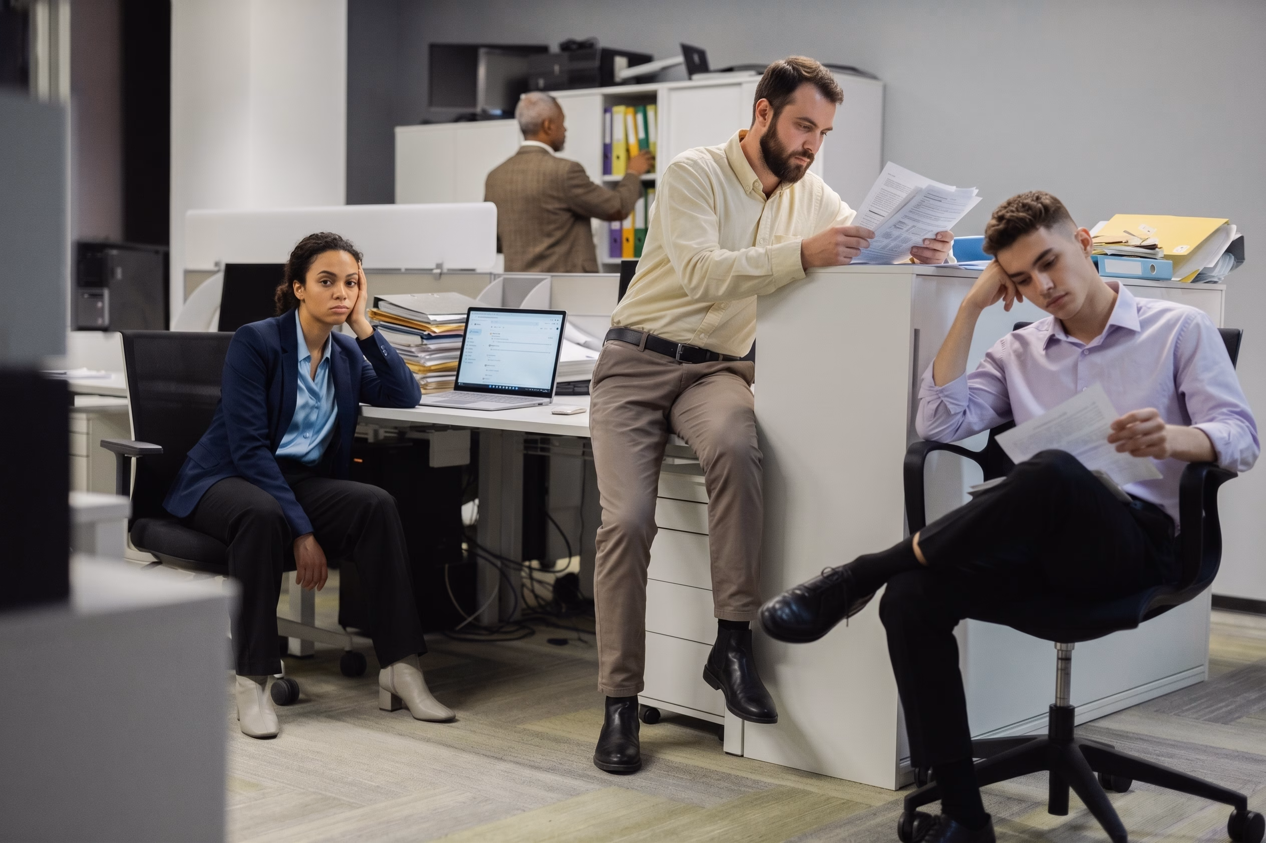 Four office workers looking tired and disengaged at their desks, surrounded by laptops, stacks of files and binders.